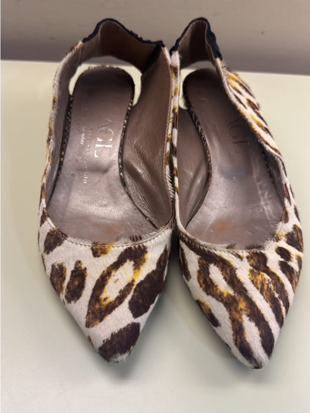 AGL made in Italy Leopard Print Pointed Toe Slingback Flats in Brown and Gold
